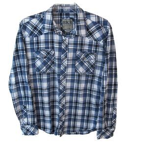 BKE Athletic Fit Long Sleeve Western Pearl Snap Shirt Men's Large‎ Blue Plaid